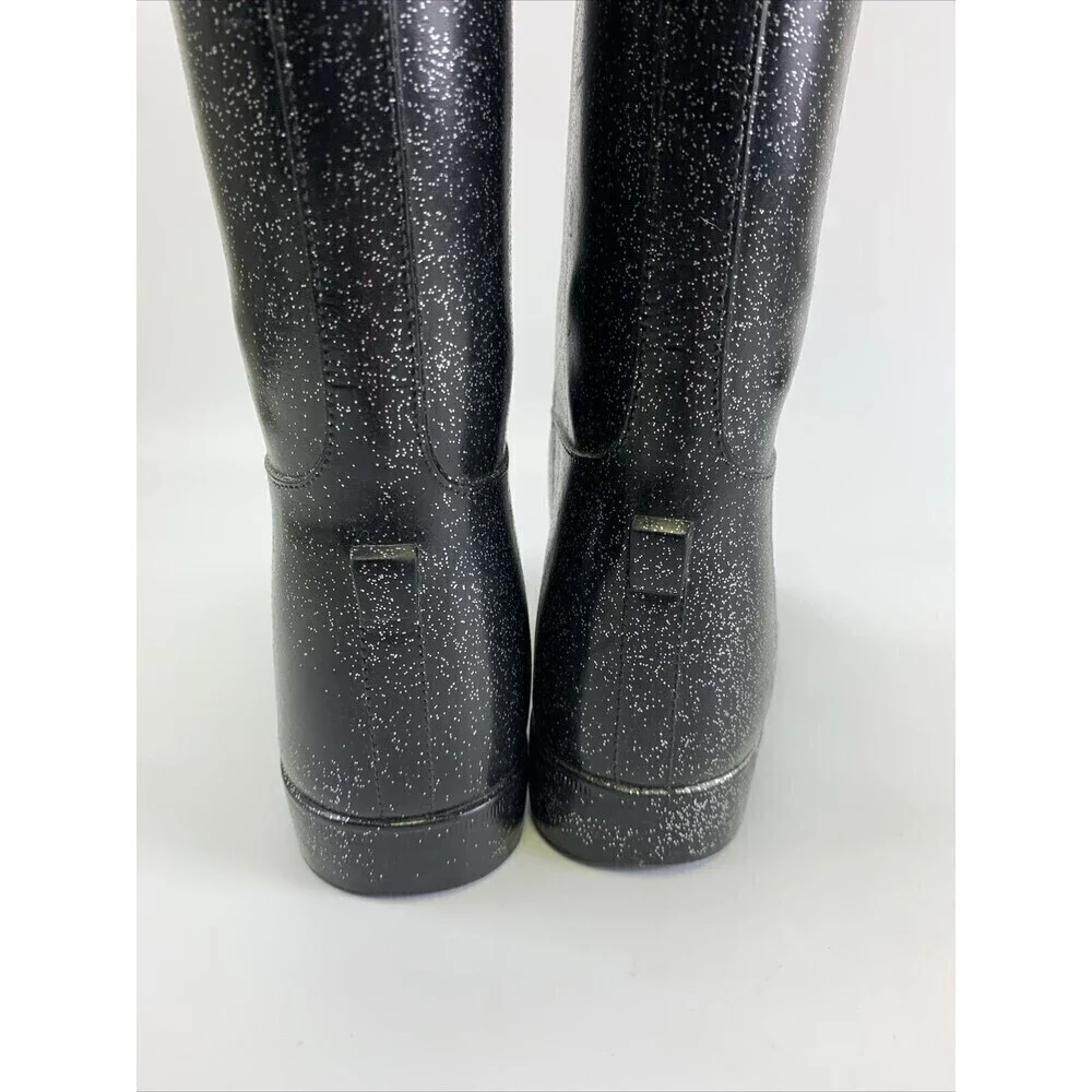 BOGO Hello Kitty Angelina Shimmer Rain Boots Black Glitter Pull On Knee High 6